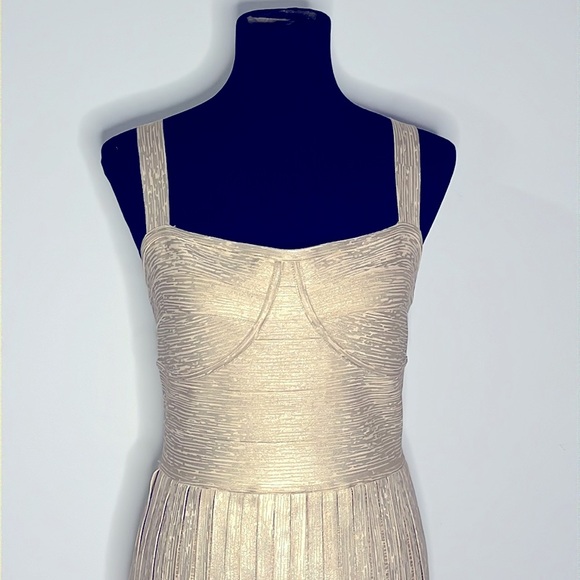 BEBE CHAMPAGNE BANDAGE FRINGE MAXI DRESS ✨✨✨ - Picture 6 of 12